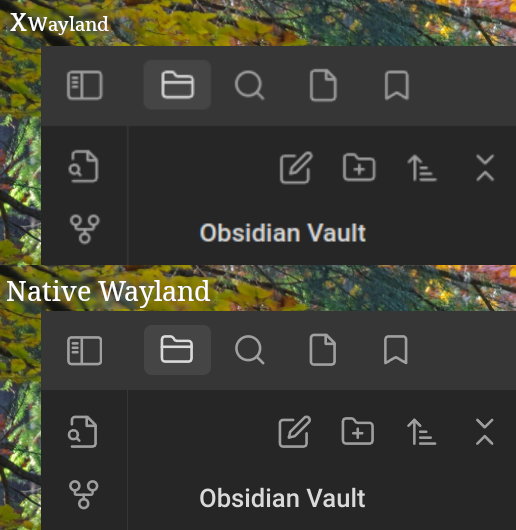 Screenshot of Obsidian using the blurry XWayland renderer vs the crisp native Wayland renderer